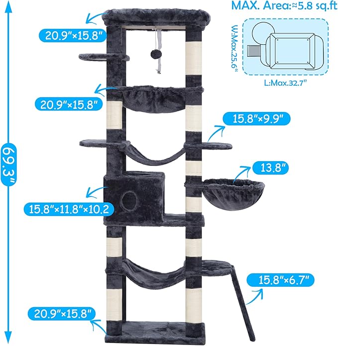 Hey-brother Cat Tree, 69.3-Inches Multi-Level Plush Cat Tower for Indoor Cats with Large Top Perch, Extra Spacious Hammock, 2 Hammocks Ramp, Hanging Ball, Smoky Gray MPJ037G-Mewly Pet