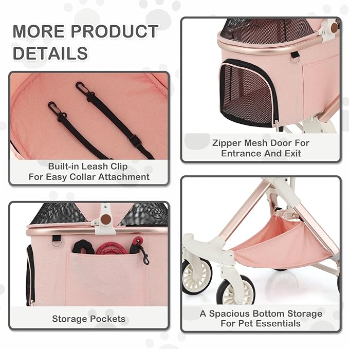 MoNiBloom 3 in 1 Pet Stroller with Adjustable Handle, Jogging Stroller w/Detachable Carrier & Lightweight Aluminum Frame for Dogs Cats, Soft Pink-Mewly Pet