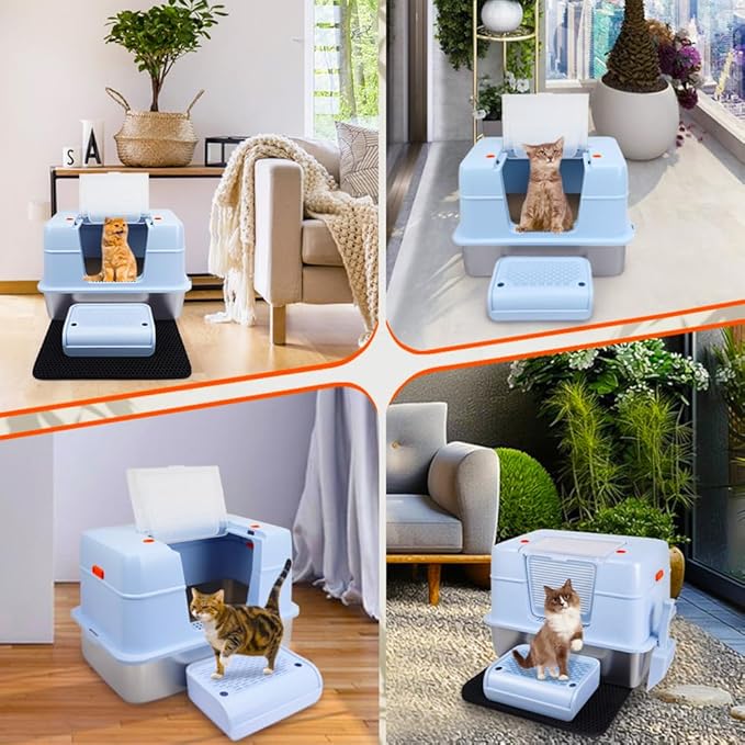 Vivifying Stainless Steel Litter Box with Lid, XL Side Entry Extra Large Litter Box for Big Cats & Kitty, Removable Enclosed Metal Cat Pan with High Sided Enclosure, Scoop, Mat, Footboard (Blue)-Mewly Pet