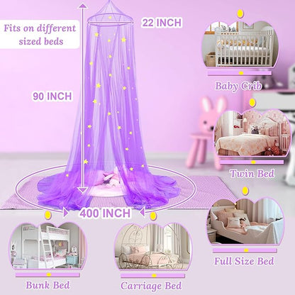South to East Princess Bed Canopy With Glowing Stars for Girls Room, Purple Curtains From Ceiling for Twin and Full Size Beds, Ideal Gift