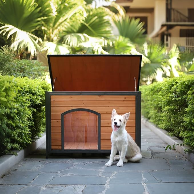 Dog House Outdoor Weatherproof 34.3" L Chew Proof Outside Dog Kennel for Small Medium Dogs with Strong Metal Chew Proof Frame Raised Design-Mewly Pet