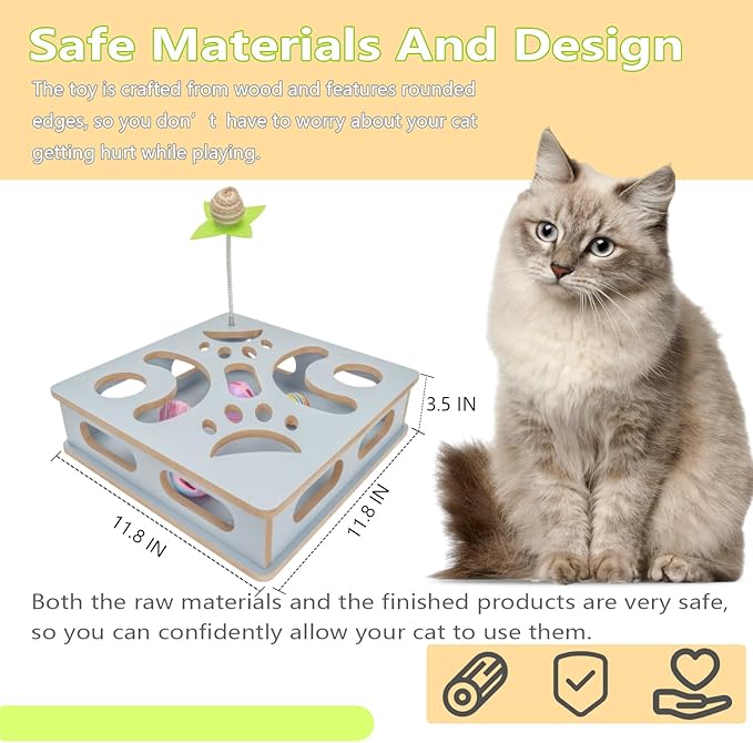 Interactive Wooden Cat Puzzle Toy Box Indoor Hunting Play Toy to Stimulate Your Cat’s Energy and Instincts (Blue)-Mewly Pet