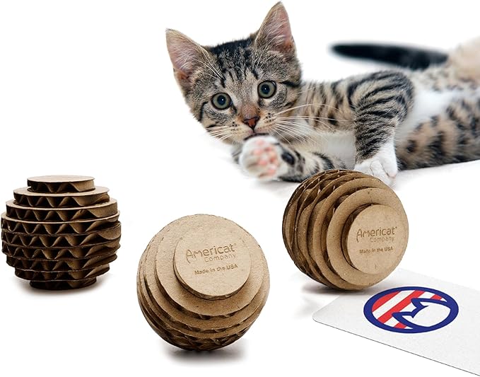 Cat Ball Toys by Americat – Made in USA – Safe Cardboard Cat Toys – for Interactive and Independent Play, Exercise & Stress Relief for All Breeds & Ages (Pack of 3 Round Balls)-Mewly Pet
