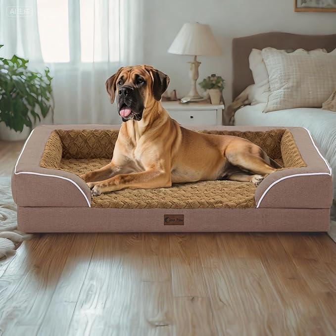 Orthopedic Dog Beds, Waterproof Memory Foam Large Sized Dog Bed with Sides, Non-Slip Bottom and Egg-Crate Foam Big Dogs Beds with Removable Washable Cover(Large,Brown)-Mewly Pet