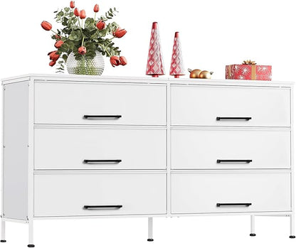 WLIVE White TV Stand for 60, 65, 70 inch TV, Large Entertainment Center with 6 Fabric Drawer, TV Media Console Table with Wood Top, Adjustable Feet for Living Room,