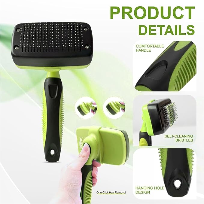 Pet Self Cleaning Slicker Brush and Grooming Comb - Gently Removes Loose Hair, Tangles, and Dirt - Skin Friendly Deshedding Grooming Tool for Hair Dogs & Cats - Pet Supplies Accessories (Green)-Mewly Pet