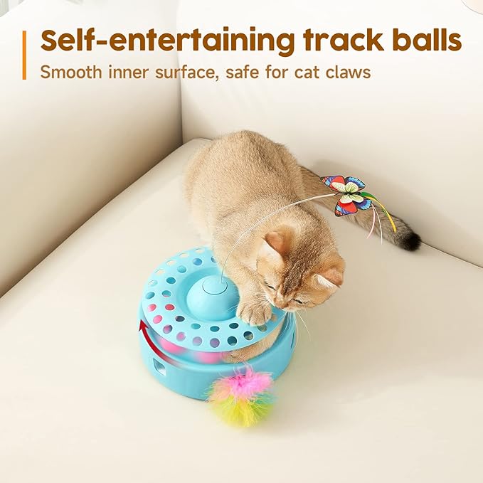 Potaroma Cat Toys 3-in-1 Automatic Interactive Kitten Toy, Fluttering Butterfly, Random Moving Ambush Feather, Track Balls, Dual Power Supplies, USB Powered, Indoor Exercise Cat Kicker (Blue)-Mewly Pet