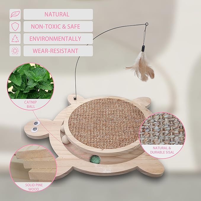 Petest Interactive Cat Toy Cat Scratch Toy Natural Sisal Scratcher with Catnip Balls, Cat Scratch Pad, Turtle Design-Mewly Pet