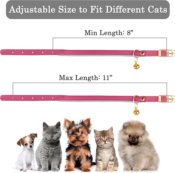 OOPSDOGGY Rolled Leather Cat Collar with Bell - Reflective Kitten Collar with Safety Elastic Strap - Adjustable Small Pet Collars for Boy Girl Cats (Fuchsia)-Mewly Pet