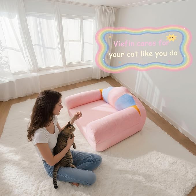 Cute Cat Couch with Soft Pillow, Supportive Dog Couch, Cat Sofa with Removable Cover，Cute Rainbow Shaped, 24 Inch-Mewly Pet