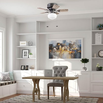 Prominence Home Hero, 28 Inch Traditional Flush Mount Indoor LED Ceiling Fan with Light, Pull Chain, Dual Finish Blades, Reversible Motor - 51655-01 (Bronze)