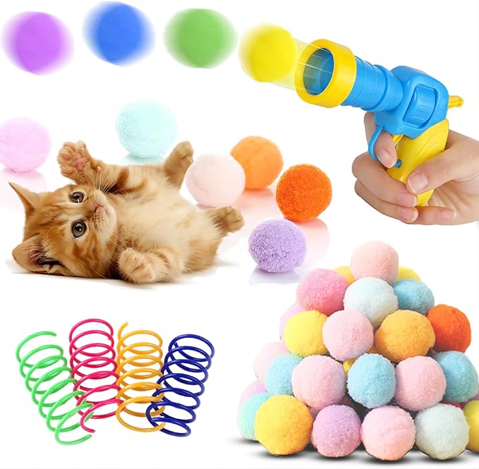 Low Noise Interactive Cat Ball Launcher Gun, 1 Noise-Reduced Launcher (New Upgraded), 20 Pcs Colorful Silent Plush Pom Pom Balls (1.2 inches), with 4 Pcs Cat Spring Toy-Mewly Pet