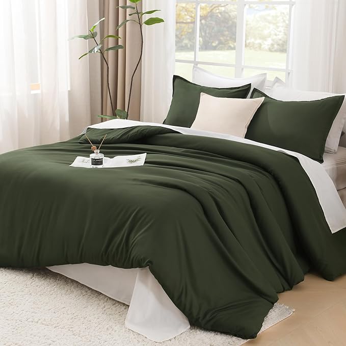 Litanika Oversized King Comforter 128x120, 3 Pieces Olive Green Lightweight Solid Bedding Comforter Set, All Season Fluffy Bed Set (1 Comforter & 2 Pillowcases)