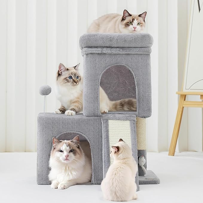 24inch Tall cat Tree with 2 cat condo and Mouse Toy Cozy Small cat Tower with Scratching Post and Board for Kitties and Small Cats.（Light Grey）-Mewly Pet
