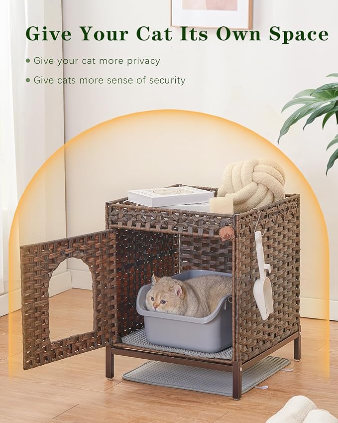 Cat Litter Box Enclosure Hidden Litter Box Furniture with Metal Heightened Feet, Rattan Handwoven Cat House with Litter Mat, Hidden Litter Box Furniture for Bedroom Living Room Brown-Mewly Pet