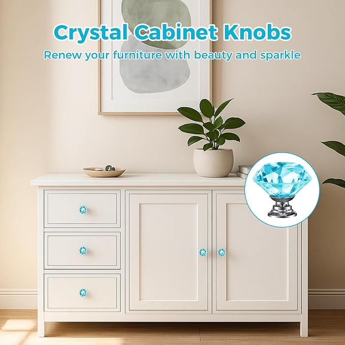 DEELF 30 Packs Kitchen Cabinet Knobs, 30 mm Crystal Cabinet Knobs, Diamond Dresser Handle Drawer Pulls, Dresser Knobs for Cabinets and Drawers, Light Blue