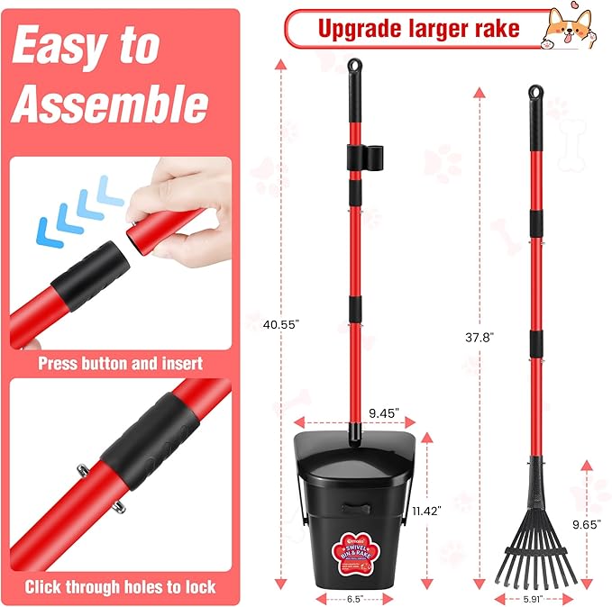 Pooper Scooper Swivel Bin and Rake with 60 Waste Bags, Heavy Duty Dog Poop Scooper for Large Medium Small Dogs, Long Stainless Steel Handle Use on Yard, Grass, Dirt or Gravel-Mewly Pet