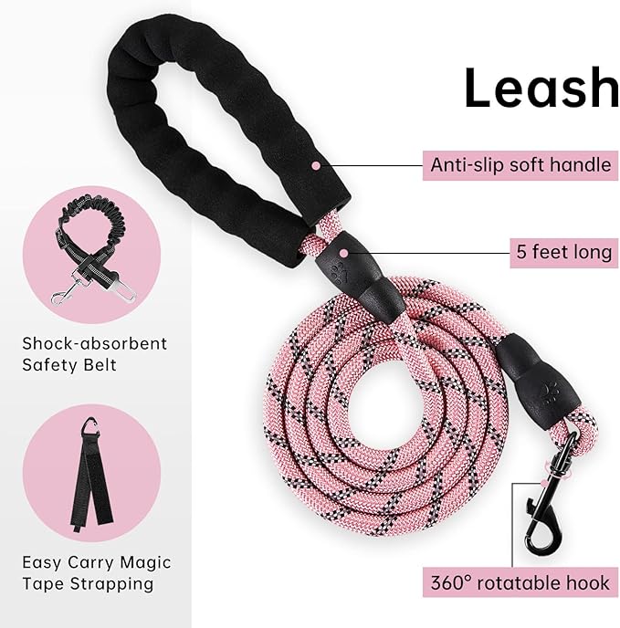 IVY&LANE No Pull Dog Harness for Medium Dogs, Dog Vest Harness with Leash, Safety Belt and Storage Strap, Fully Adjustable Harness, 360° Reflective Strip, Soft Handle (Pink, M)-Mewly Pet