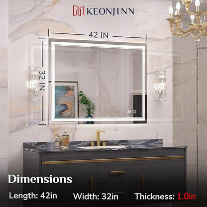 Keonjinn Lighted Bathroom Mirror, 42 x 32 Inch Bathroom LED Mirror with Lights, Frontlit Only, HD Tempered Glass, UL-Listed LED Driver, Anti-Fog, 6000K Dimmale, Easy Installation(Horizontal/Vertical)