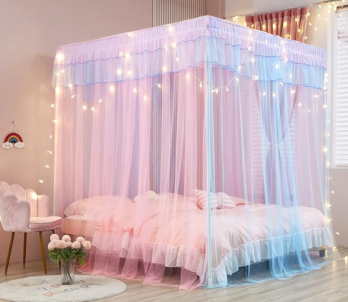 Mengersi Rainbow Canopy Bed Curtains with Lights -Bed Canopy for Girls - Bed Drapes Netting- Bedroom Decoration Accessories,California King