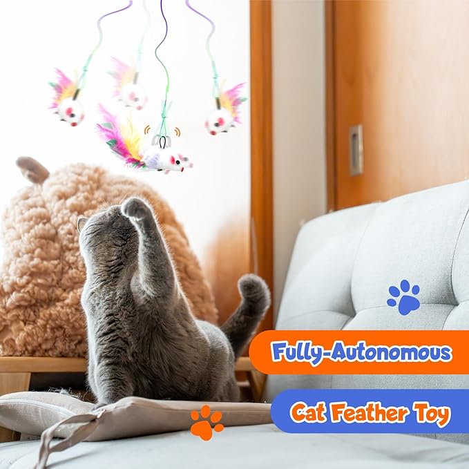 Interactive Cat Toys for Bored Indoor Cats Feather Toys Cat Enrichment for Bored Indoor Adult Cats Kittens-Enhanced with 10 Attachments Mice Rechargeable Auto-Swinging 3in1 Door-Mounted Cat Toy-Mewly Pet