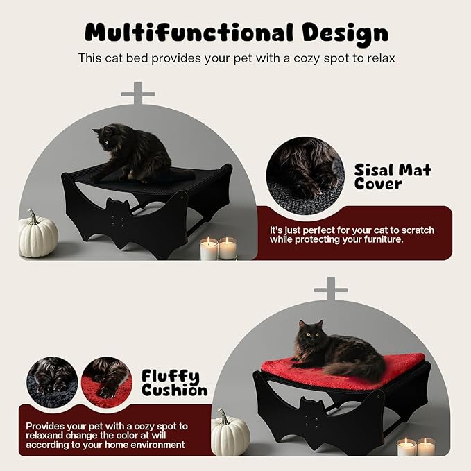 Halloween Gothic Cat Bed with Bat Design, Wooden Elevated Cat Beds with Sisal Scratching Mat, Cats Scratcher Bed with Removable Fluffy Cushion, Raised Pet Bed for Large Cats, 22" L x 17.7" W, Black-Mewly Pet
