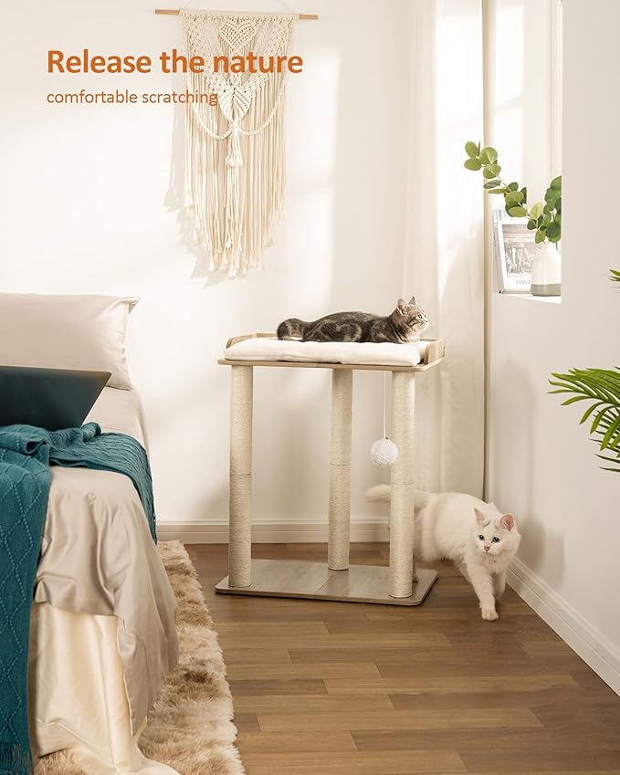 FourFurPets 26.7in Large Cat Tree Tower Condo, Cat Scratch Posts for Indoor Cats, Big Plate, Three 23.6in Full Sisal Scratching Posts, Greige-Mewly Pet