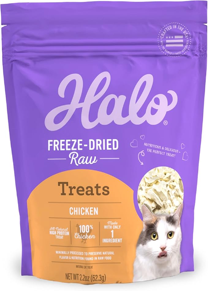 Halo Freeze Dried Raw Cat Treats, 100% Chicken Breast Recipe, Cat Treats Pouch, All-Natural High Protien Treat, 2.2 Oz Pouch-Mewly Pet