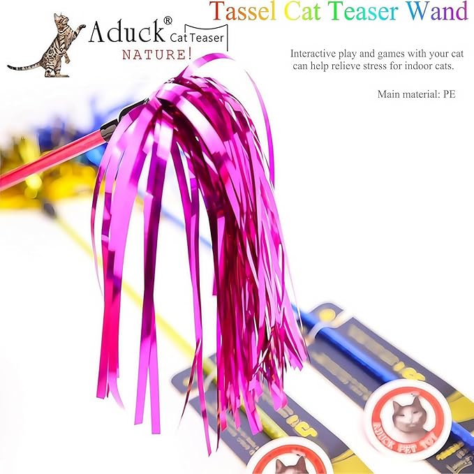 ADUCK Interactive Cat Teaser Wand Toy with Tassels - Durable Cat Chaser for Indoor Kitten Exercise, Boredom Relief & Training Play - Assorted Color, 1 Pack-Mewly Pet