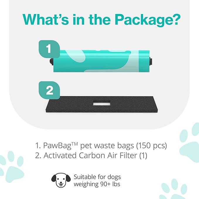 PawPail Dog Poop Bags and Air Filter Duo, Leakproof & Durable Poop Bags for Trash Can, with 1 Activated Carbon Filter - Pooper Scooper Dog Products, Dog Accessories | 1 Roll of 150 XL Size Bags-Mewly Pet