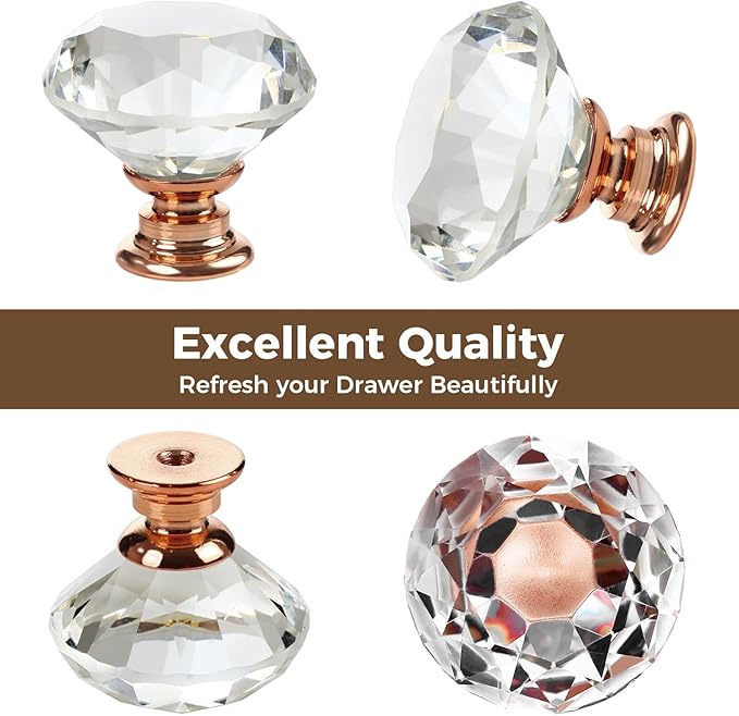 DEELF 12 Packs Kitchen Cabinet Knobs, 40 mm Crystal Cabinet Knobs, Diamond Dresser Handle Drawer Pulls, Dresser Knobs for Cabinets and Drawers, Rose Gold Base