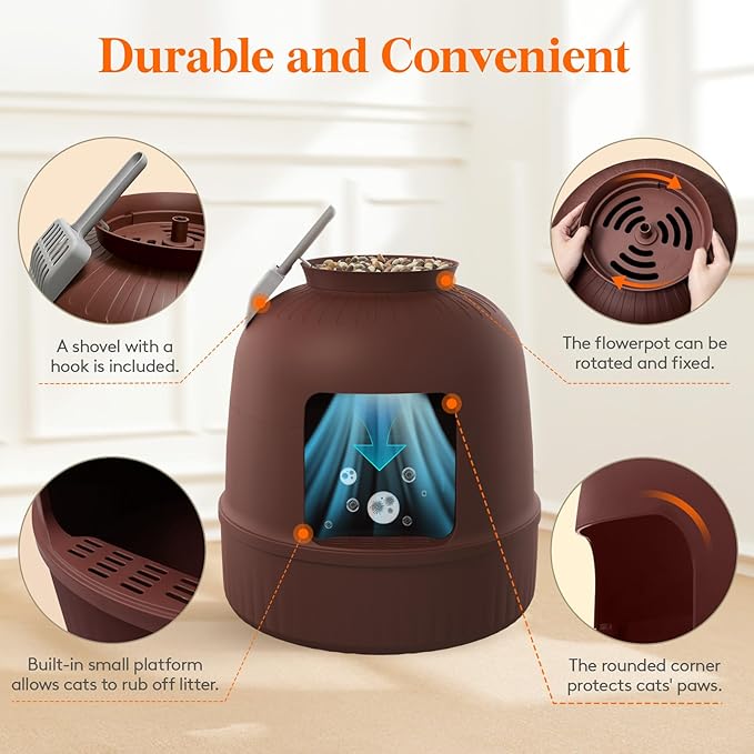 Lifewit Litter Box with Faux Plant & Scoop for Large Cat, Hidden Corner Enclosure Litter Tray with Odor Control & Carbon Filter in Living Room/Bedroom/Bathroom, Brown-Mewly Pet