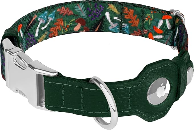 AirTag Dog Collar for Small Medium Large Breed - Adjustable Cute Pattern Dog Collar with Airtag Holder - Soft Leather Tracker GPS Apple Air Tag Pet Collars (Large, 17"-21" Neck Fit, Mushroom)-Mewly Pet