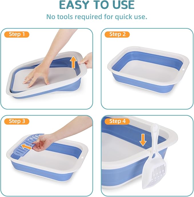Collapsible Kitten Litter Box, ShineMe Open Top Small Cat Litter Box with Scoop and Litter Bag, Anti-Splash Waterproof Kitty Toilet Potty Pan for Sick Frail Cat 17" x 13.5", Blue-Mewly Pet