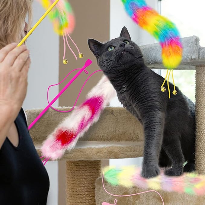 4 Pack Cat Wand Toy, Rainbow Cat Feather Toys with Bells, Teaser Wand with Soft Furry Tail, Interactive Toys for Indoor Cats & Kitten & Kitty-Mewly Pet