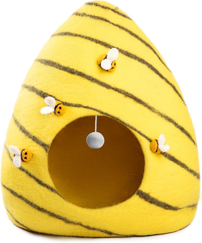 Luxurious Eco-Friendly Merino Wool Cat Cave Bed Beehive - Foldable Hideaway Pod for Indoor Cats - Premium Felt Kitten Beds - Covered Cat House for Ultimate Cozy Comfort by Woolygon-Mewly Pet