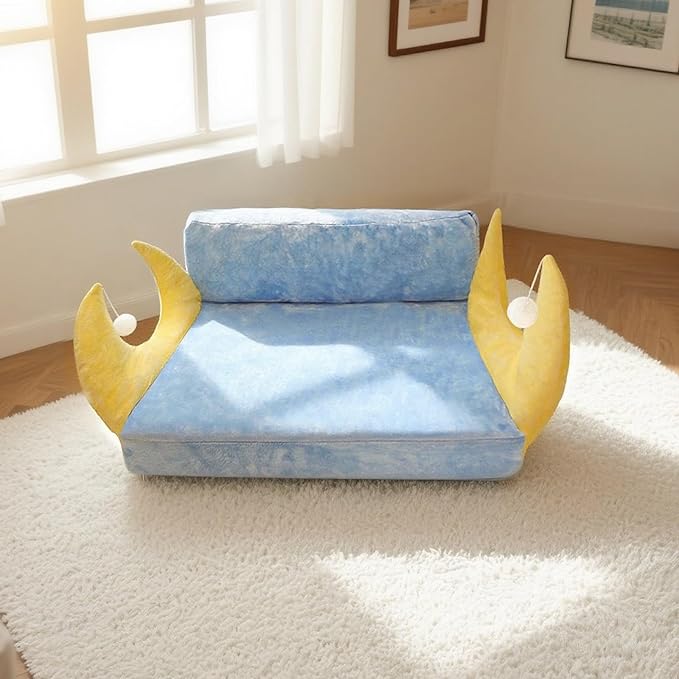 Cat Couch with Soft Pillow, Supportive Dog Couch, Cat Sofa with Removable Cover，Cute Moon Shaped, 24 Inch-Mewly Pet