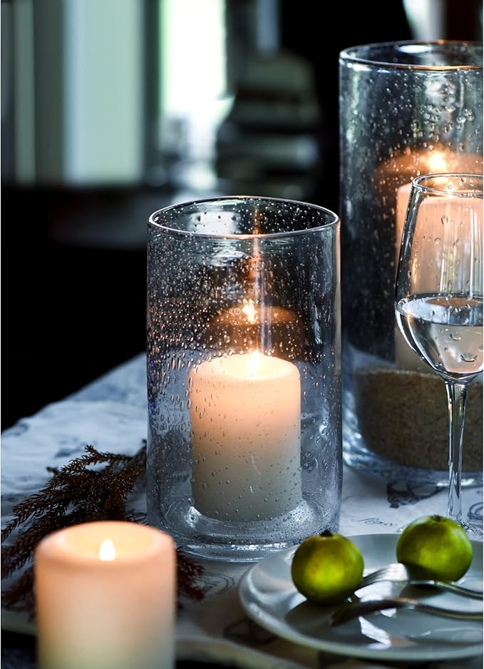 ARIAMOTION Hurricane Candle Holder for Pillar Glass Cylinder Vase Modern Rustic Centerpiece Clear Seeded Home Decor for Kitchen Table Living Room 8" H 1 Pack