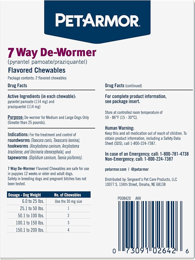 PetArmor 7 Way De-Wormer for Dogs, Oral Treatment for Tapeworm, Roundworm & Hookworm in Large Dogs & Puppies (Over 25 lbs), Worm Remover (Praziquantel & Pyrantel Pamoate), 2 Flavored Chewables-Mewly Pet