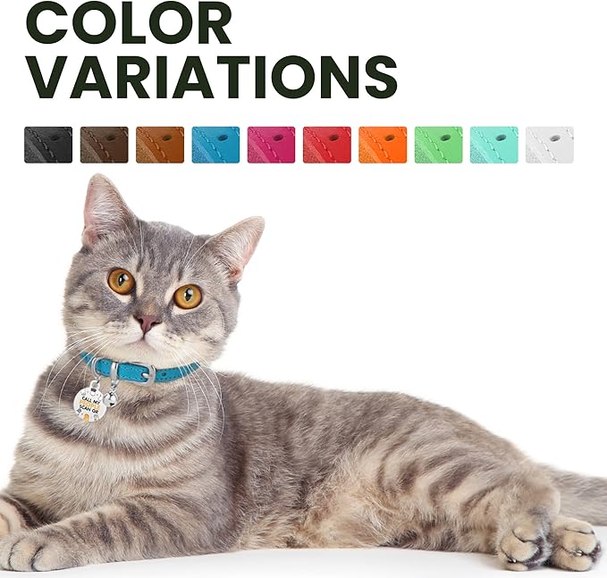BRONZEDOG Leather Cat Collar with Removable Bells Non Breakaway Kitten QR Tag for Girl Boy (7" - 9" for Cats, Blue & Silver)-Mewly Pet