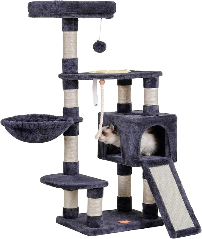 Heybly Cat Tree, Cat Tower for Indoor Cats with Scratching Board, Multi-Level Cat Furniture Condo with Feeding Bowl Smoky Gray HCT010SG-Mewly Pet