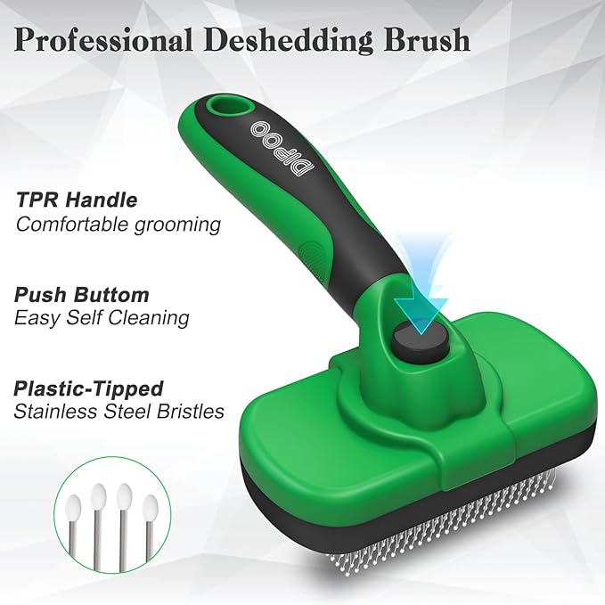 Self Cleaning Deshedding Brush for Dogs & Cats - Skin Friendly Grooming Tool with Hair Removal for Haired Pets, Green-Mewly Pet
