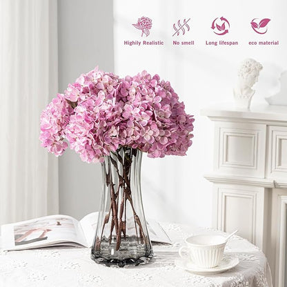 Artificial Flower Fake Silk Hydrangea Heads Bouquet with Stems Bulk for Fall Decoration Table Center Christmas Indoor Outdoor Faux Floral Realistic with Leaves Plants Crafts 8PCS(Pink)