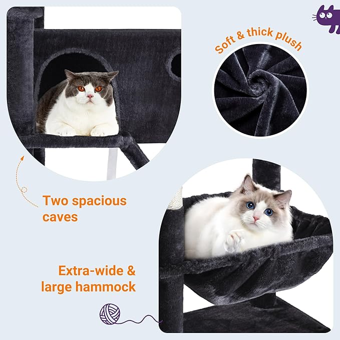 Allewie 81 Inches Tall Cat Tree/Multi-Level Large Climbing Tree House and Towers for Big Feline/Condo and Hammock/Scratching Post/Wide Base/Dark Grey-Mewly Pet