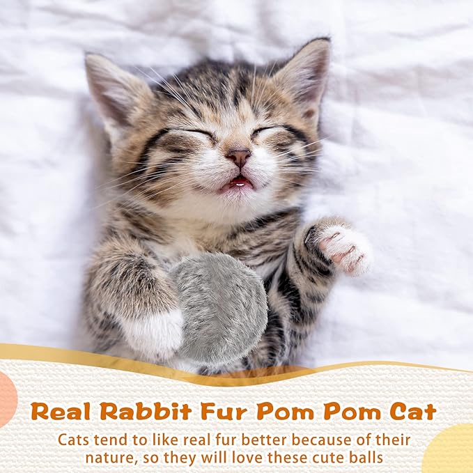 LEIFIDE 12 Pieces Real Rabbit Fur Pom Pom Kitty Cat Toy Fluffy Cat Balls Soft Fuzzy Balls for Kitty Pets Kitten Chase Quiet Play, 3 Inches in Diameter(Gray, Coffee, White)-Mewly Pet