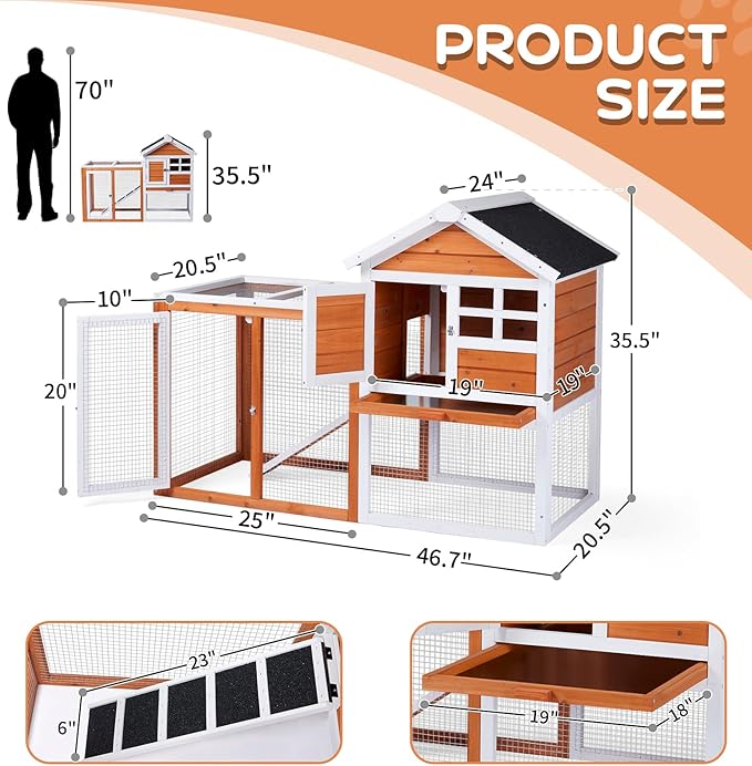 Outvita Rabbit Hutch, Small Wood Chicken Coop, 48" Guinea Pig Cage w/Pull-Out Tray, Waterproof Asphalt Roof, Chicken Run, Interactive Door for Small Animal Pen Outdoor-Mewly Pet