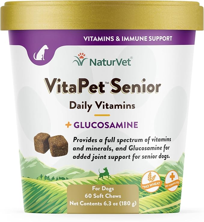 NaturVet VitaPet Senior Daily Vitamins Plus Glucosamine for Dogs, 60 ct Soft Chews, Made in The USA with Globally Source Ingredients-Mewly Pet
