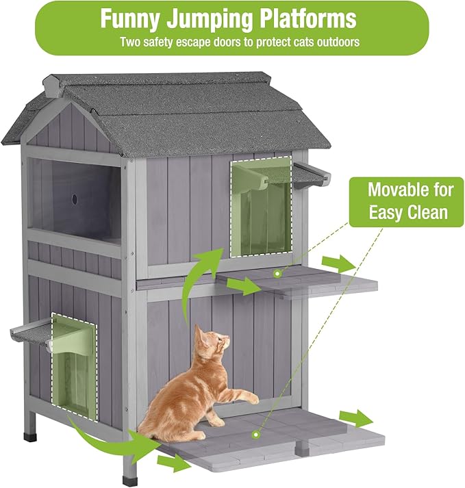 GUTINNEEN Outdoor Cat House Weatherproof Feral Cat Shelter with Escape Doors - 2-Story（AIR94）-Mewly Pet