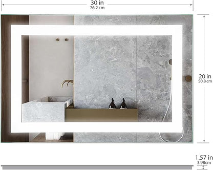 LED Vanity Bathroom Mirror 30 x 20 in. Wall Mounted, Dimmable, Lighted, Anti-Fog Mirror – Modern, Frameless Design
