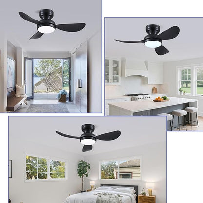 36 Inch Modern Ceiling Fans with Lights, Small Flush Mount Ceiling Fan with Light and Remote/APP Control, 3 Reversible 6 Speeds Curved Blades, 3 CCT Dimmable Lights for Bedroom, Black